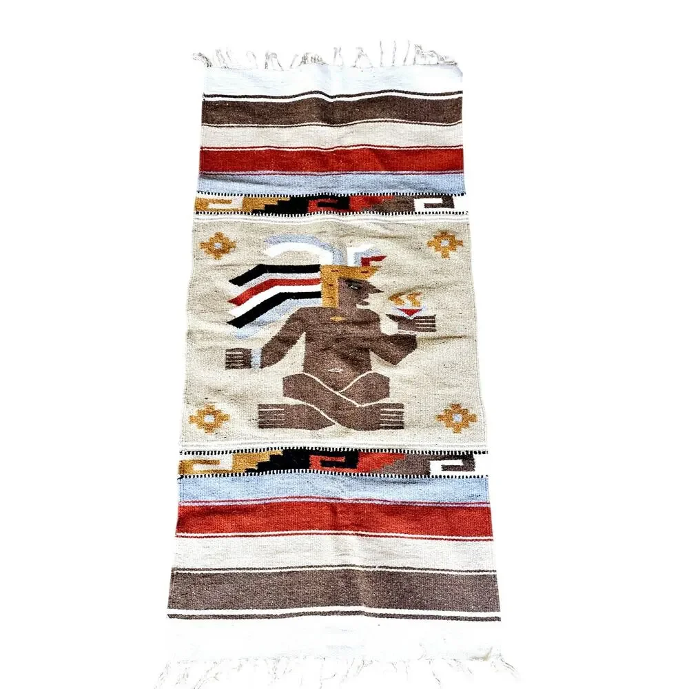 Vintage Mexican Zapotec Pictorial Tapestry Wall Hanging Runner Rug WARRIOR 54x26
